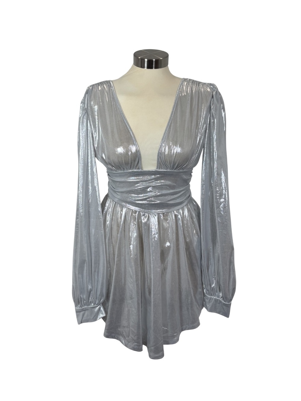 Silver Metallic Deep V Long Sleeve Mini Dress